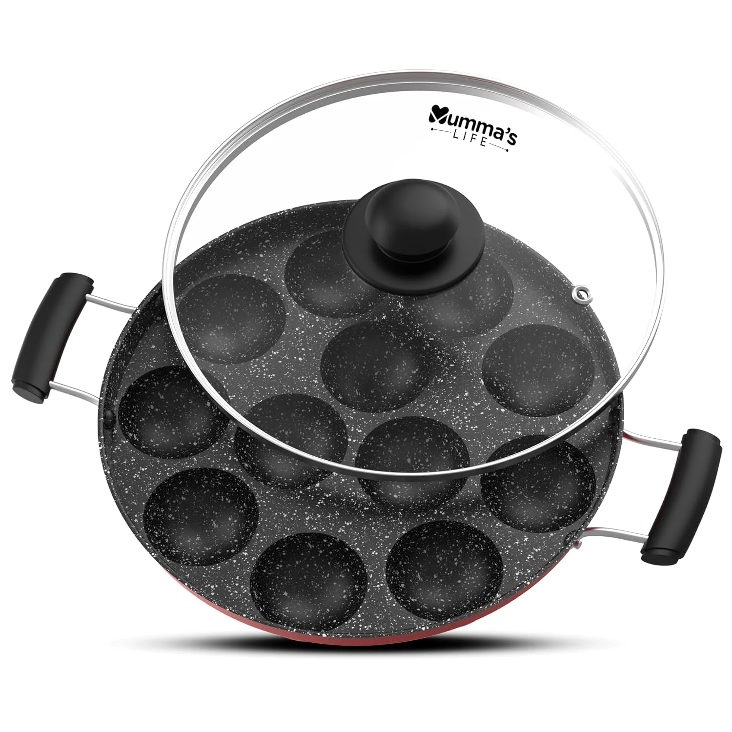 Mummas-LIFE-Non-Stick 12 Cavity Grill Appam Patra 2 Side Handle with Glass Lid - Premium Manufacturing
